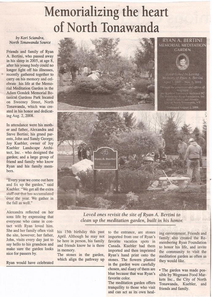 Newspaper article titled Memorializing the heart of North Tonawanda about Ryan's Garden