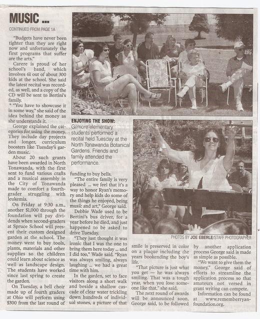 Newspaper clipping about music and a Gilmore elementary garden concert at Ryan's Garden